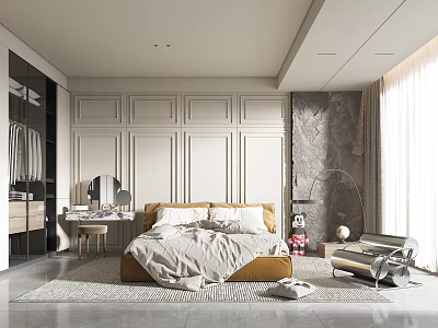 Modern Bedroom Interior Design With Paneled Walls Upholstered Bed Floor Rug And Large Window 3d model