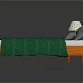 Wooden Bed With Green Quilt Gray Pillows Nightstand Lamp And Red Alarm Clock