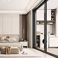 Modern Minimalist Bedroom Interior With Large Glass Wardrobe King Bed And Floor To Ceiling Windows