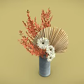 Gray Vase With Orange Leaves White Daisies And Fan Decoration On Yellow Background