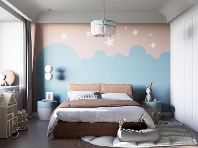 Cozy Kids Room Interior With Cloud Themed Wall Star Decorations Bed And Rabbit Toy 3d model