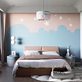 Cozy Kids Room Interior With Cloud Themed Wall Star Decorations Bed And Rabbit Toy