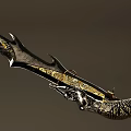 Traditional Decorative Spear With Golden Accents Intricate Patterns On Spearhead And Shaft Against Black Background