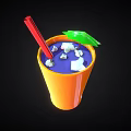 Orange Drinking Glass with Blue Liquid Ice Cubes Red Straw and Green Garnish