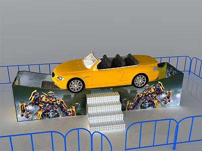 Yellow Convertible Car Amusement Ride With Blue Fences Steps And Transformers Graphics 3d model