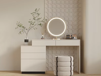 Vanity Table Setup With Round Mirror Beige Geometric Wall Decor Plant Cosmetics And Padded Stool 3d model