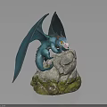 Blue Dragon Sculpture Perched On Rocky Base With Detailed Wings And Yellow Eyes