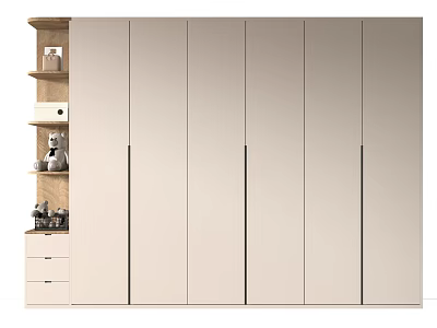 Modern Light Colored Wardrobe With Sliding Doors And Combination Cabinet Drawers Open Shelves Decorative Items 3d model
