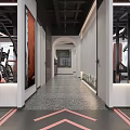 Modern Gym Interior With Pink Fitness Machines Black Ceiling And Lighting