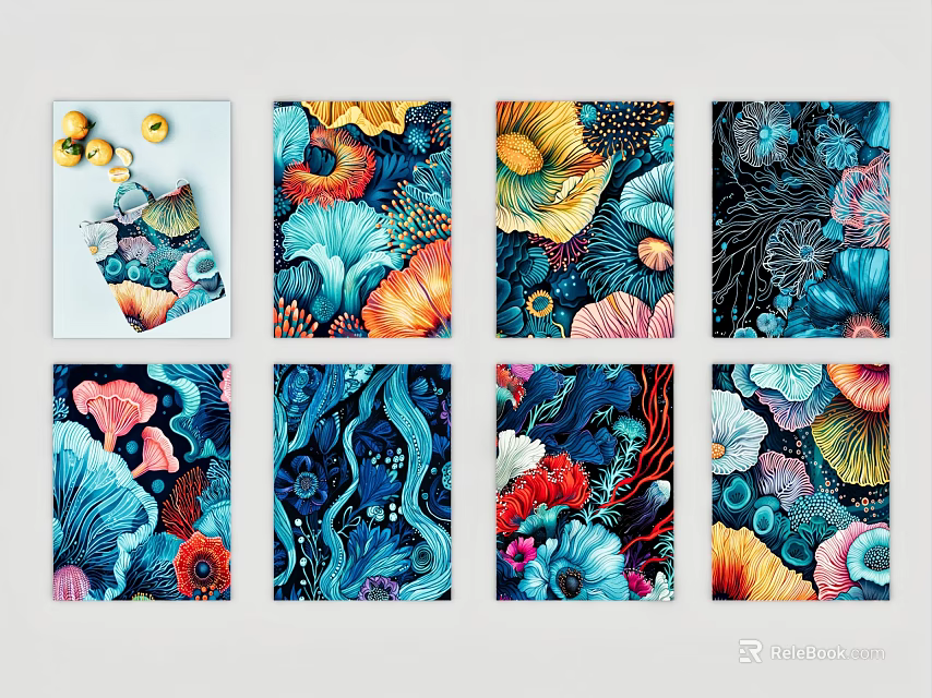 Collection of Vibrant Abstract Paintings With Floral Patterns Bold Colors And Organic Shapes 3d model 
