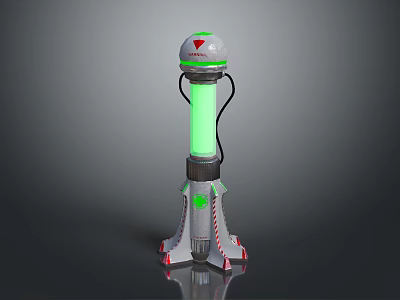 Futuristic Cylindrical Sci Fi Device With Green Glowing Tube Red Accent Dome And Silver Stand 3d model