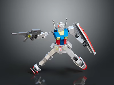 White Blue Red Yellow Mechanical Robot Model With Gun And Shield In Standing Pose 3d model