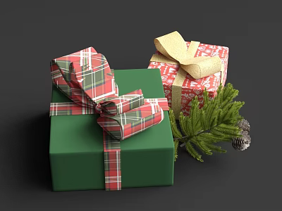 Festive Decorative Gift Boxes with Plaid Bows Pine Branch and Pine Cone 3d model