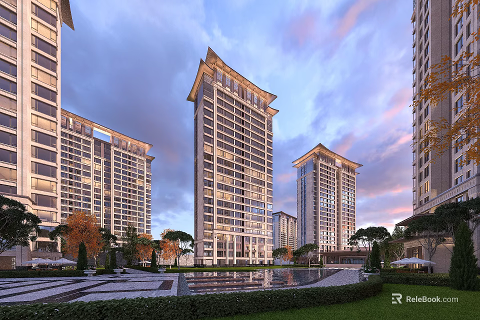 Modern High Rise Residential Buildings With Landscaped Gardens Water Pool And Plaza 3d model 