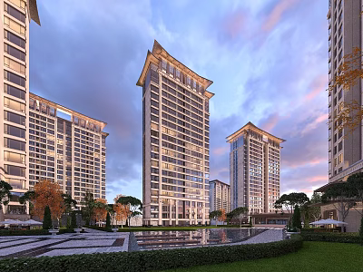 Modern High Rise Residential Buildings With Landscaped Gardens Water Pool And Plaza 3d model