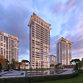 Modern High Rise Residential Buildings With Landscaped Gardens Water Pool And Plaza