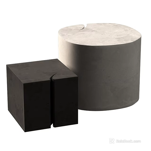Modern Black Cubic And Gray Cylindrical Stools With Smooth Concrete Surface Design 3d model