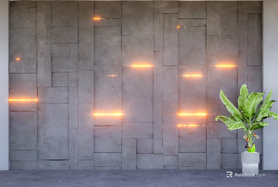 Stone Background Wall With Irregular Square Panels Orange LED Strip Lights And Large Green Plant 3d model 