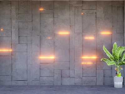 Stone Background Wall With Irregular Square Panels Orange LED Strip Lights And Large Green Plant 3d model