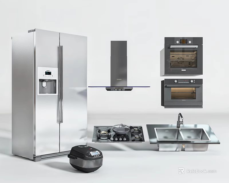 Essential Modern Kitchen Appliances Including Refrigerator Range Hood Ovens Gas Stove Sink and Rice Cooker 3d model 