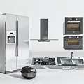 Essential Modern Kitchen Appliances Including Refrigerator Range Hood Ovens Gas Stove Sink and Rice Cooker
