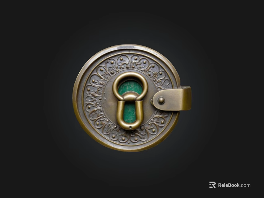 Antique Circular Metal Lock With Ornate Carvings And Green Stone Center 3d model 