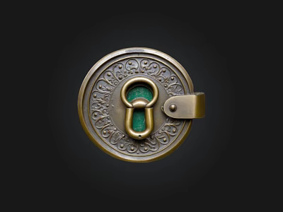 Antique Circular Metal Lock With Ornate Carvings And Green Stone Center 3d model