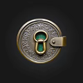 Antique Circular Metal Lock With Ornate Carvings And Green Stone Center