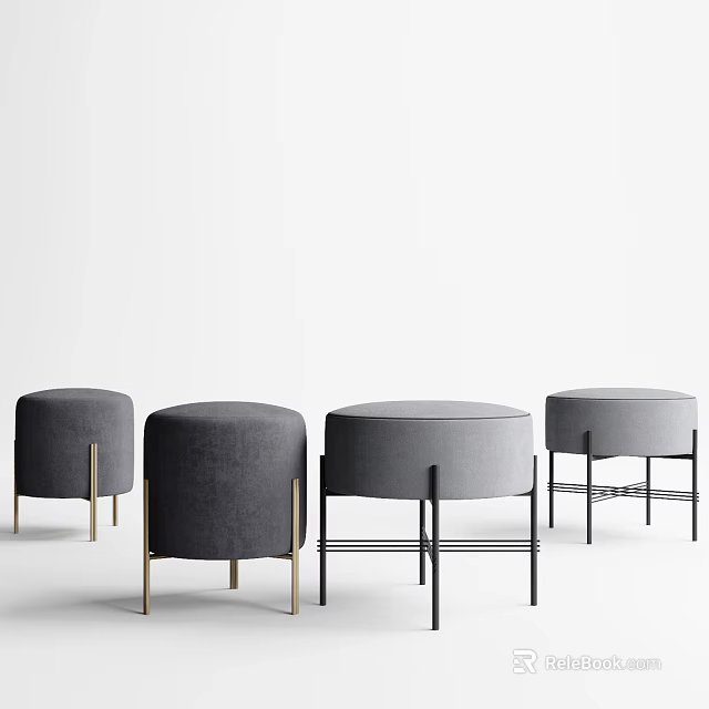 Modern Grey Upholstered Round Sofa Stools With Different Metal Leg Designs 3d model