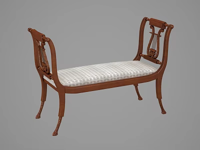 Classic Wooden Bench Featuring Carved Armrests And Striped Upholstered Seat Cushion 3d model