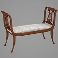 Classic Wooden Bench Featuring Carved Armrests And Striped Upholstered Seat Cushion