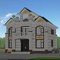 Two Story Detached Villa Featuring Decorative Golden Elements Balcony Front Steps And Surrounding Green Trees