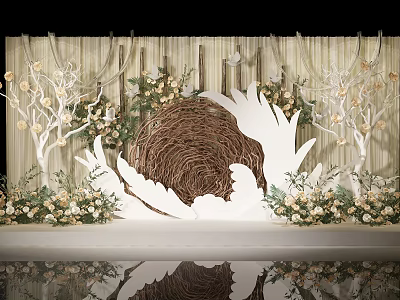 Wedding Stage Decor with Beige Curtain Brown Nest White Feathers Branches and Flowers 3d model