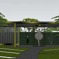 Modern Sales Office Building Exterior Design With Glass Door Entrance And Surrounding Trees