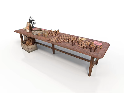 Rustic Dining Table Set With Chessboard Chess Pieces Fan And Wooden Crate 3d model