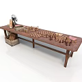 Rustic Dining Table Set With Chessboard Chess Pieces Fan And Wooden Crate