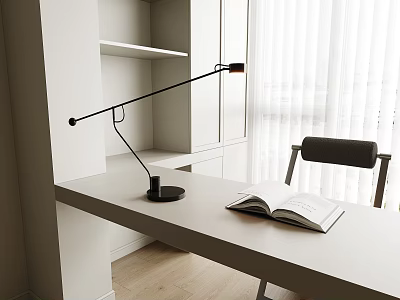 Modern Desk Lamp on White Desk with Open Book and Natural Light from Window 3d model