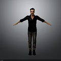 Man In Black Shirt And Jeans Posing With Arms Outstretched Against Gray Background