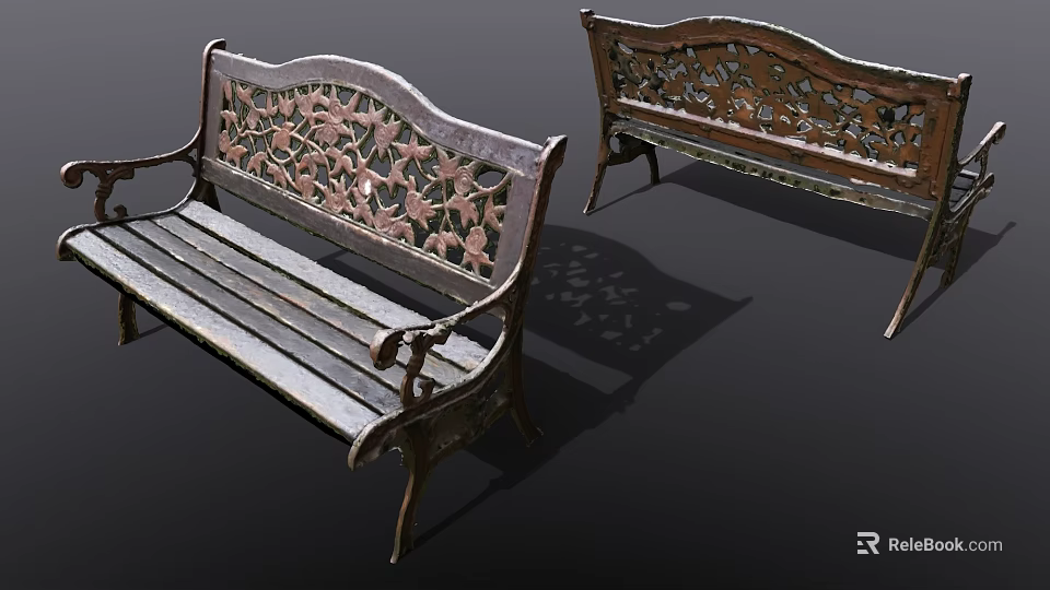 Vintage Metal Leisure Bench With Carved Floral Backrest And Armrest Design 3d model 