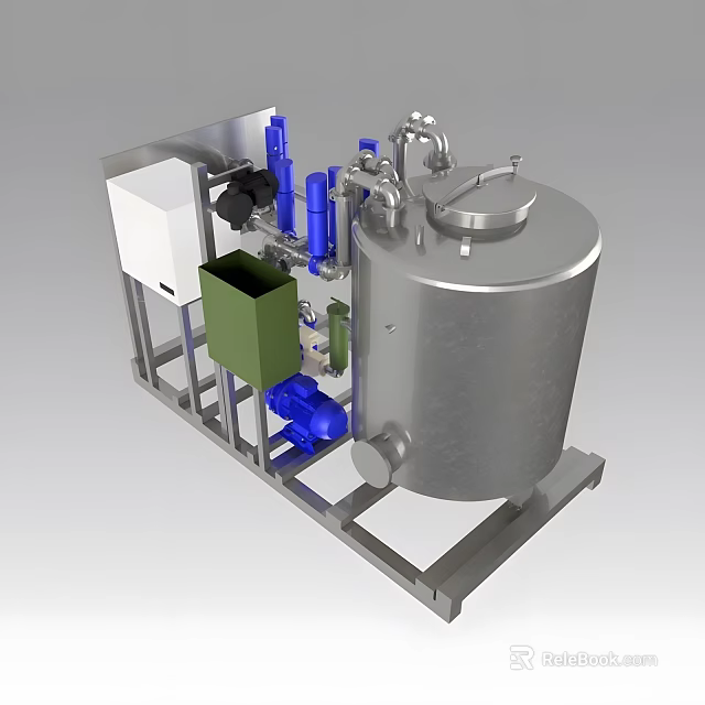 Industrial Equipment System With Stainless Steel Tank Pipes Control Panel Blue And Green Components 3d model 