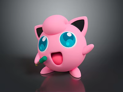 Cute Pink Cartoon Character With Cat Ears Big Blue Eyes Holding Green Microphone 3d model