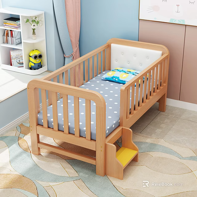 Wooden Kids Bed with Gray Polka Dot Mattress Blue Pillow and Yellow Step in Room 3d model 