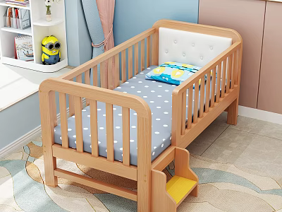 Wooden Kids Bed with Gray Polka Dot Mattress Blue Pillow and Yellow Step in Room 3d model