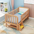 Wooden Kids Bed with Gray Polka Dot Mattress Blue Pillow and Yellow Step in Room