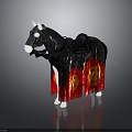 Ornate Black Horse With Decorative Saddle Red And Gold Fringes And Emblems