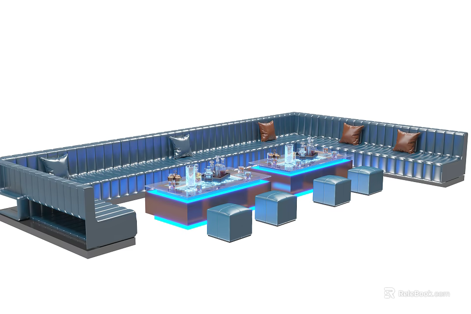 Modern L shaped Sofa and Coffee Table Set With Cushions Blue Lighting and Square Stools 3d model