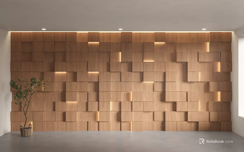 Modern Wooden Background Wall With Geometric Block Pattern And Built In Lighting 3d model 