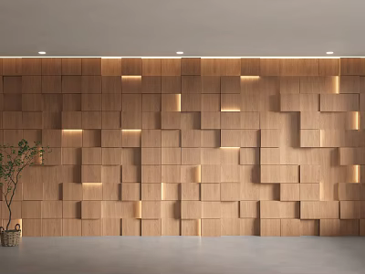 Modern Wooden Background Wall With Geometric Block Pattern And Built In Lighting 3d model