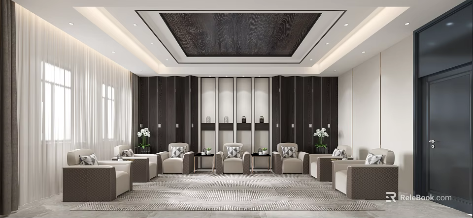 Modern Hotel Public Lounge Area With Comfortable Seats Decorative Cabinets And Green Plants 3d model 
