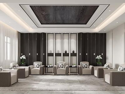 Modern Hotel Public Lounge Area With Comfortable Seats Decorative Cabinets And Green Plants 3d model